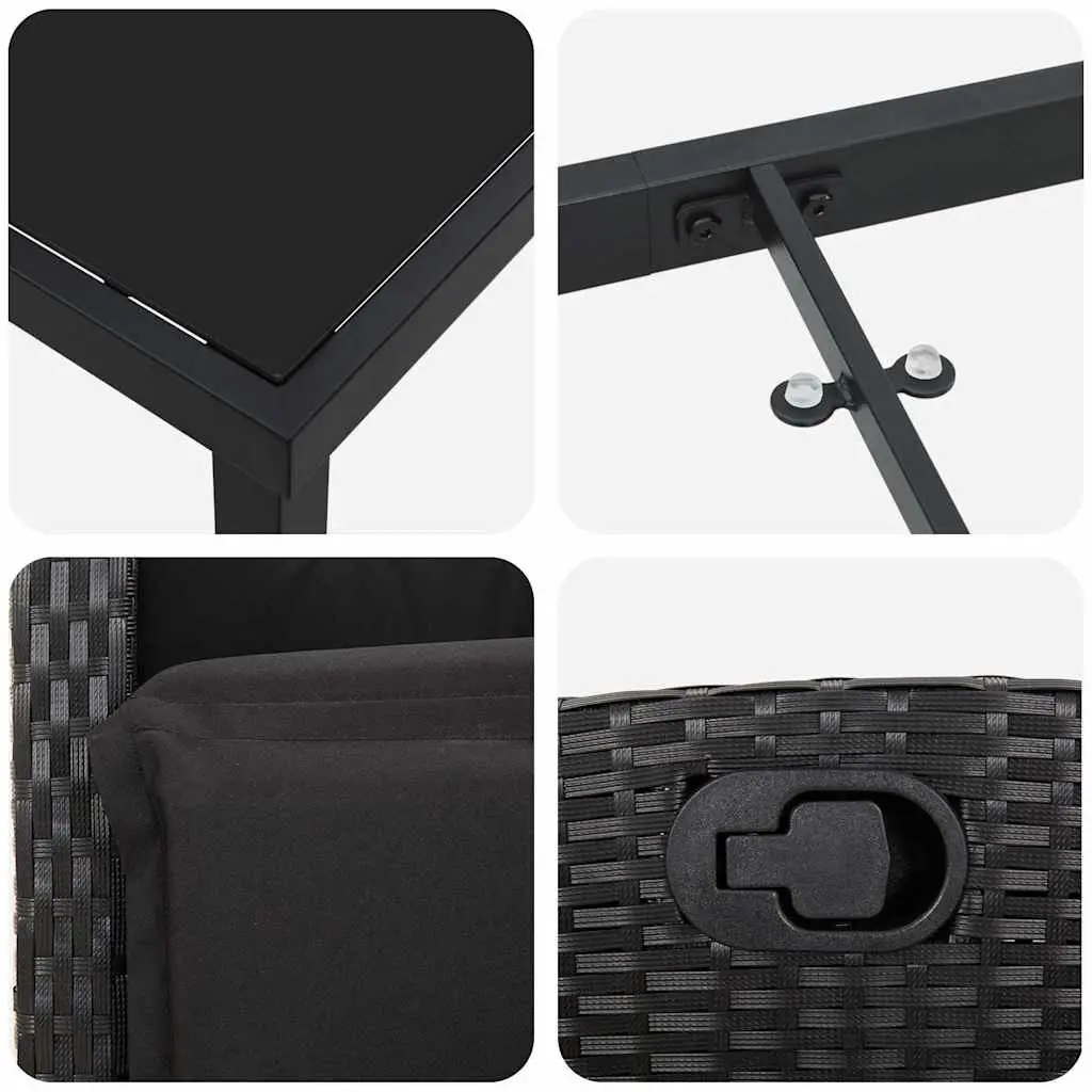 7 Piece Modern Black Poly Rattan Patio Dining Set with Glass Table and Cushions