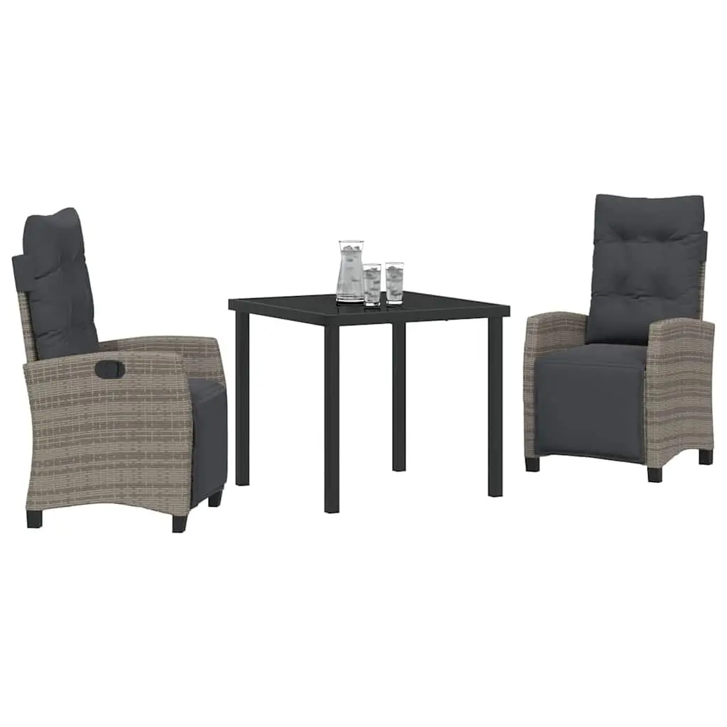Outdoor Dining Set Grey Poly Rattan Table with Glass Top and Adjustable Chairs 3 Piece