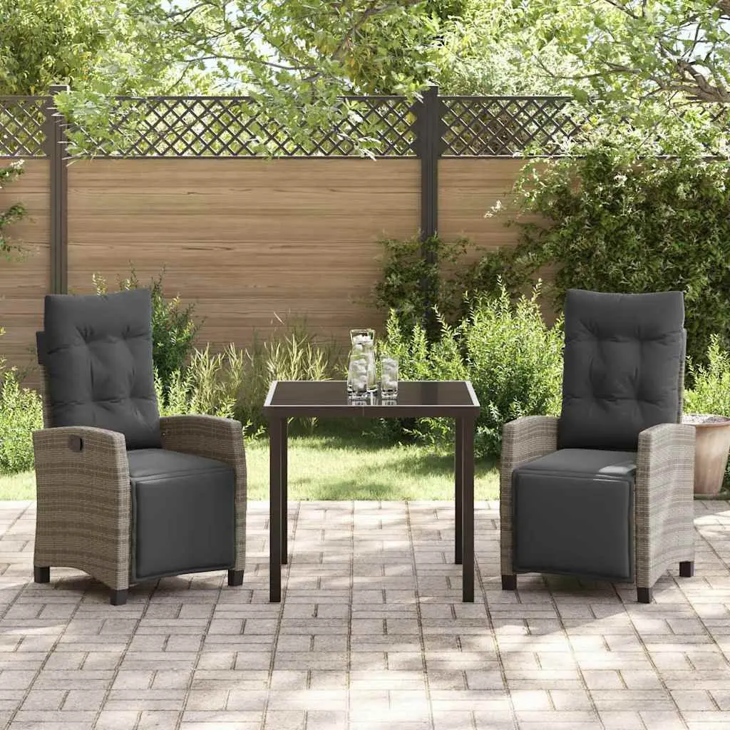 Outdoor Dining Set Grey Poly Rattan Table with Glass Top and Adjustable Chairs 3 Piece