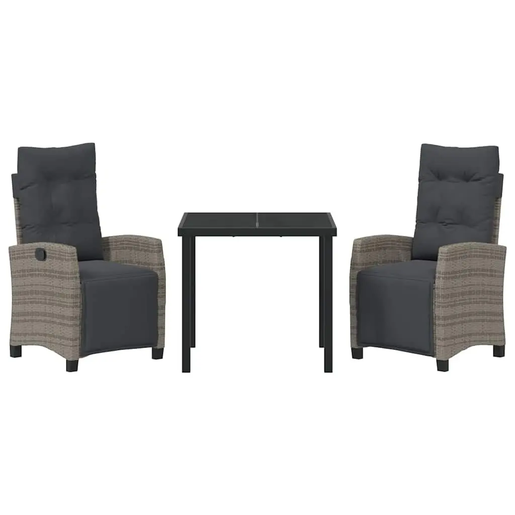 Outdoor Dining Set Grey Poly Rattan Table with Glass Top and Adjustable Chairs 3 Piece