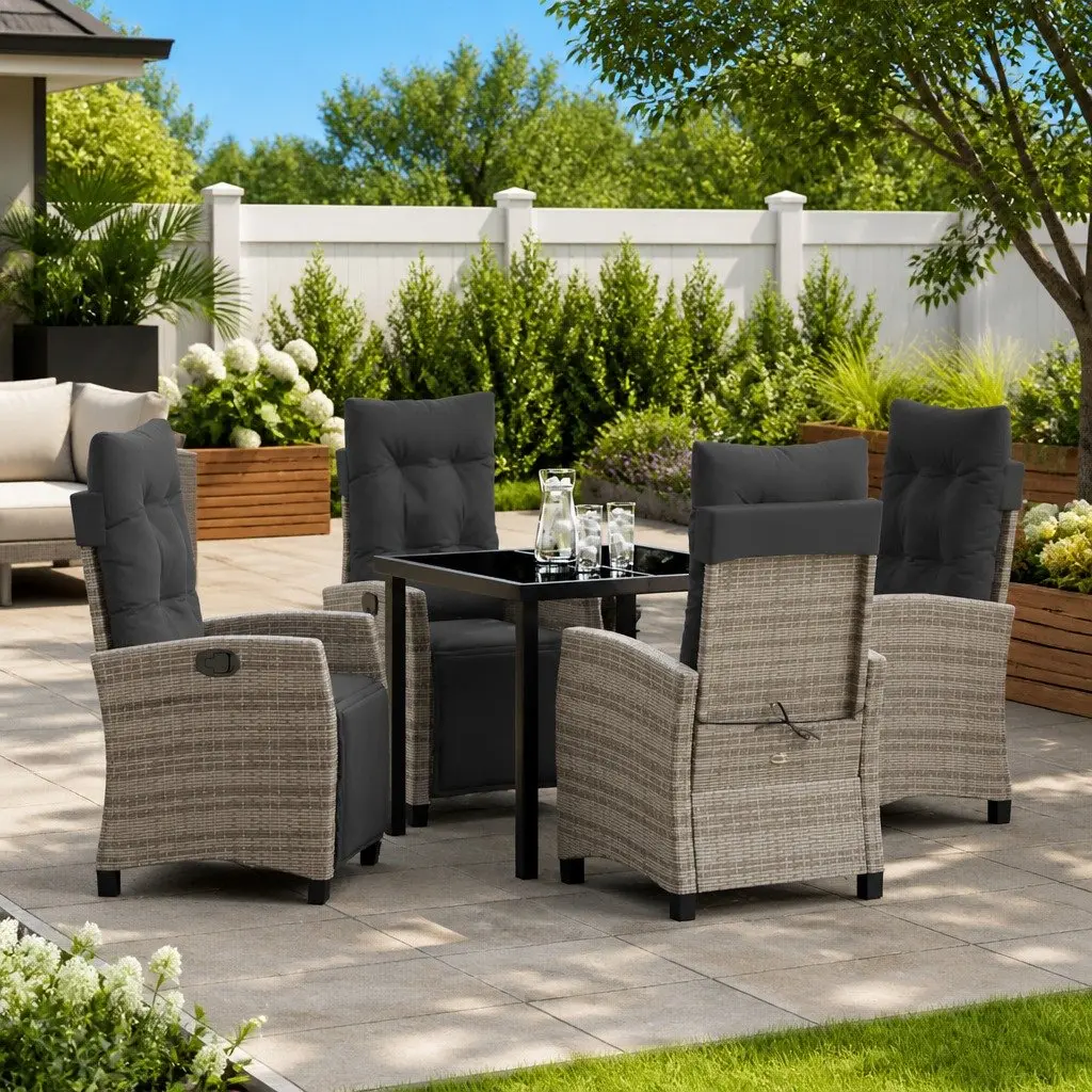 Garden Dining Set Grey Poly Rattan 5 Piece Outdoor Furniture with Adjustable Backrest and Glass Top Table