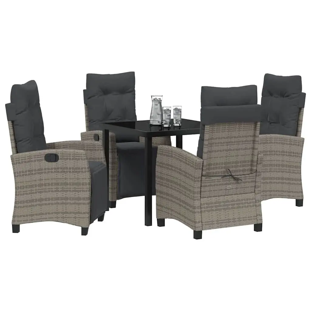 Garden Dining Set Grey Poly Rattan 5 Piece Outdoor Furniture with Adjustable Backrest and Glass Top Table