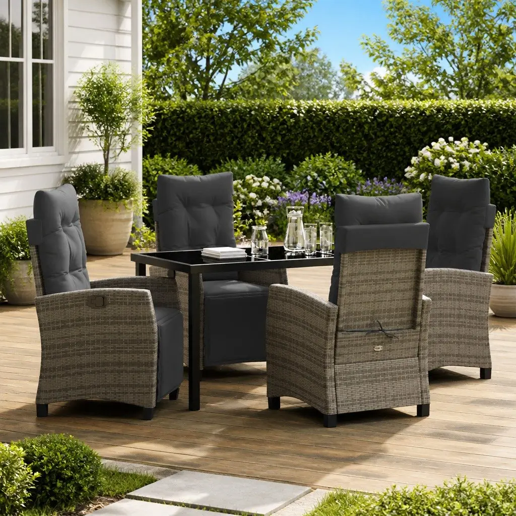 Garden Dining Set Grey Poly Rattan 5 Piece Outdoor Furniture with Cushion Pads