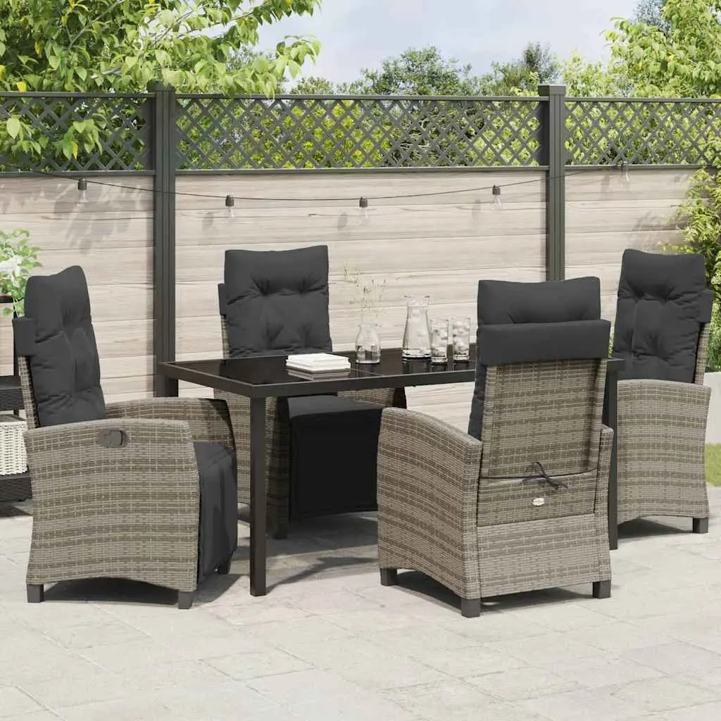 Outdoor Furniture Dining Set Grey 5 Piece Poly Rattan Table with Glass Top and Chairs with Armrests