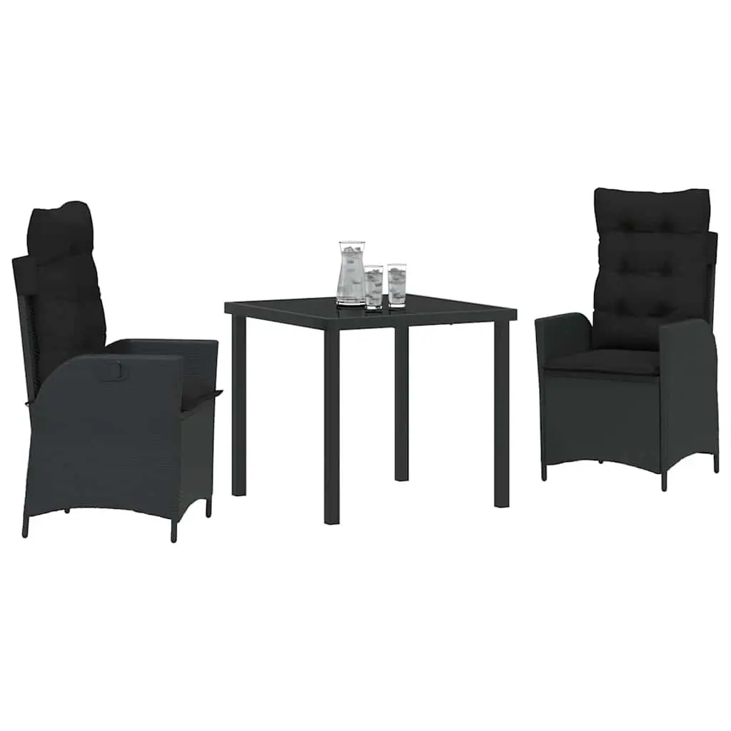 Garden Dining Set 3 Piece Outdoor Patio Furniture Poly Rattan Glass Table Black
