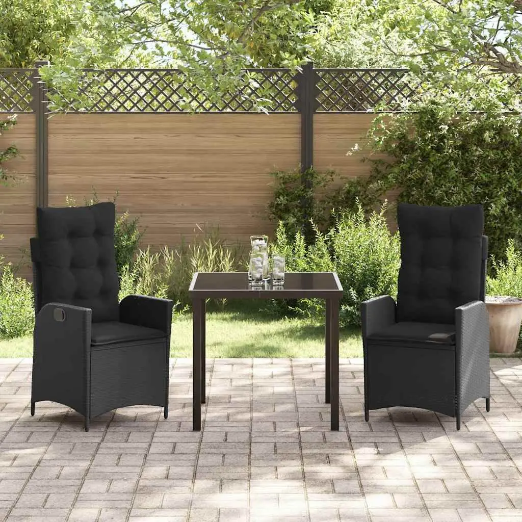 Garden Dining Set 3 Piece Outdoor Patio Furniture Poly Rattan Glass Table Black