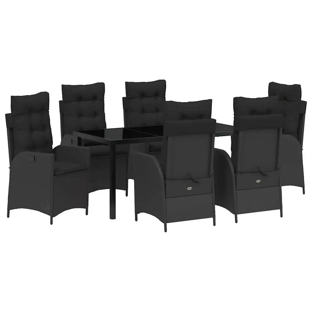 Garden Dining Set 7 Pieces Black Poly Rattan with Glass Top Outdoor Furniture
