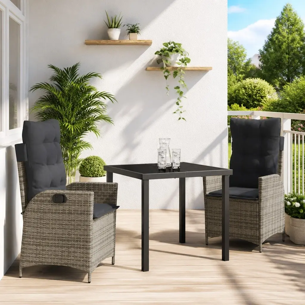 Garden Dining Set Modern Grey Poly Rattan 3 Pieces with Cushion