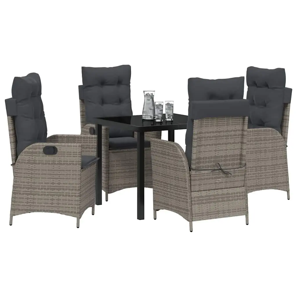 Garden Dining Set Grey Poly Rattan 5 Pieces Patio Furniture with Glass Tabletop
