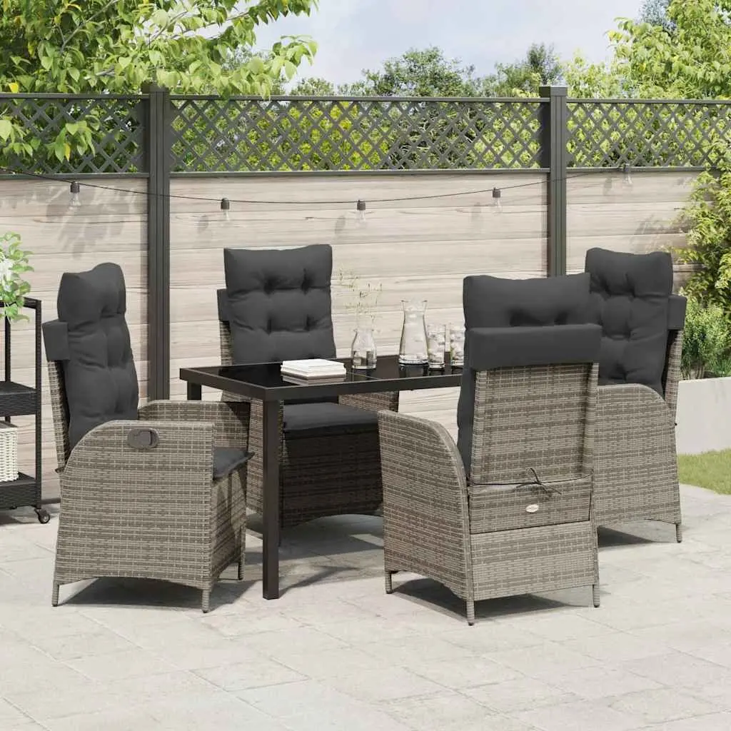 Outdoor Patio Dining Set Grey 5 Piece with Cushions Adjustable Backrest Poly Rattan Steel Glass