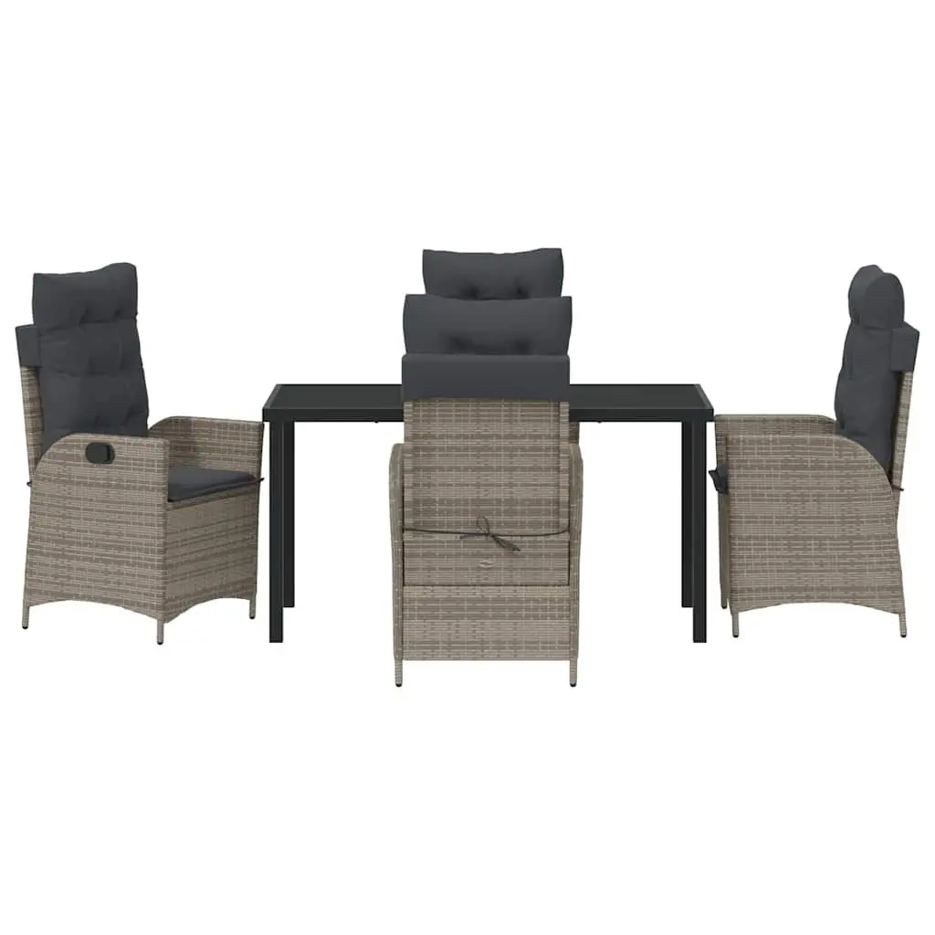 Outdoor Patio Dining Set Grey 5 Piece with Cushions Adjustable Backrest Poly Rattan Steel Glass