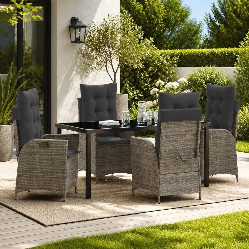 Outdoor Dining Set Grey 5 Piece Modern Poly Rattan Glass Table