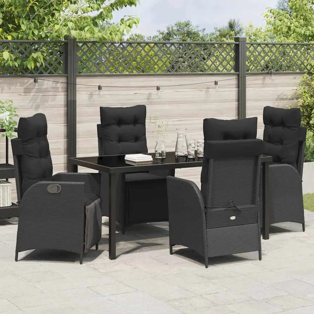 Garden Dining Set Black Poly Rattan 5 Pieces with Cushions