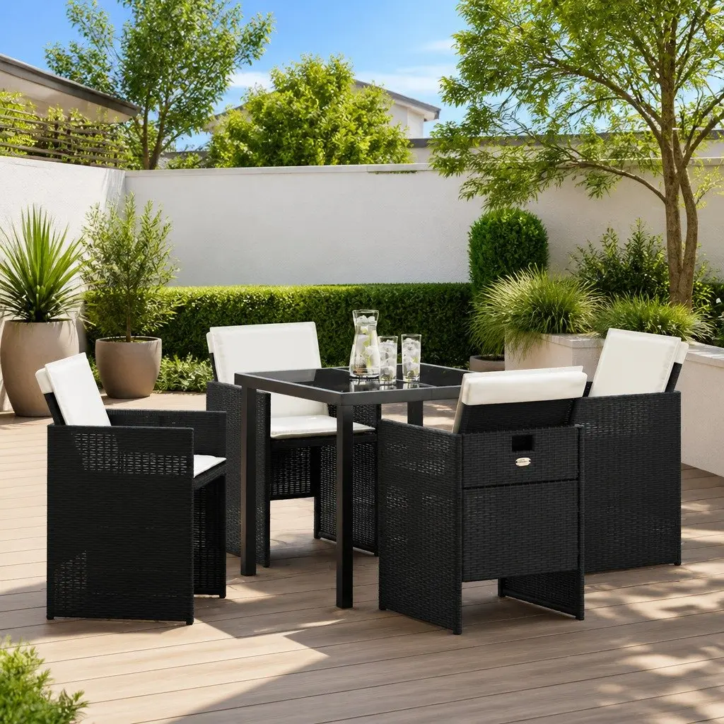 5 Piece Outdoor Dining Set Black Metal Frame Poly Rattan Seating Tempered Glass Top