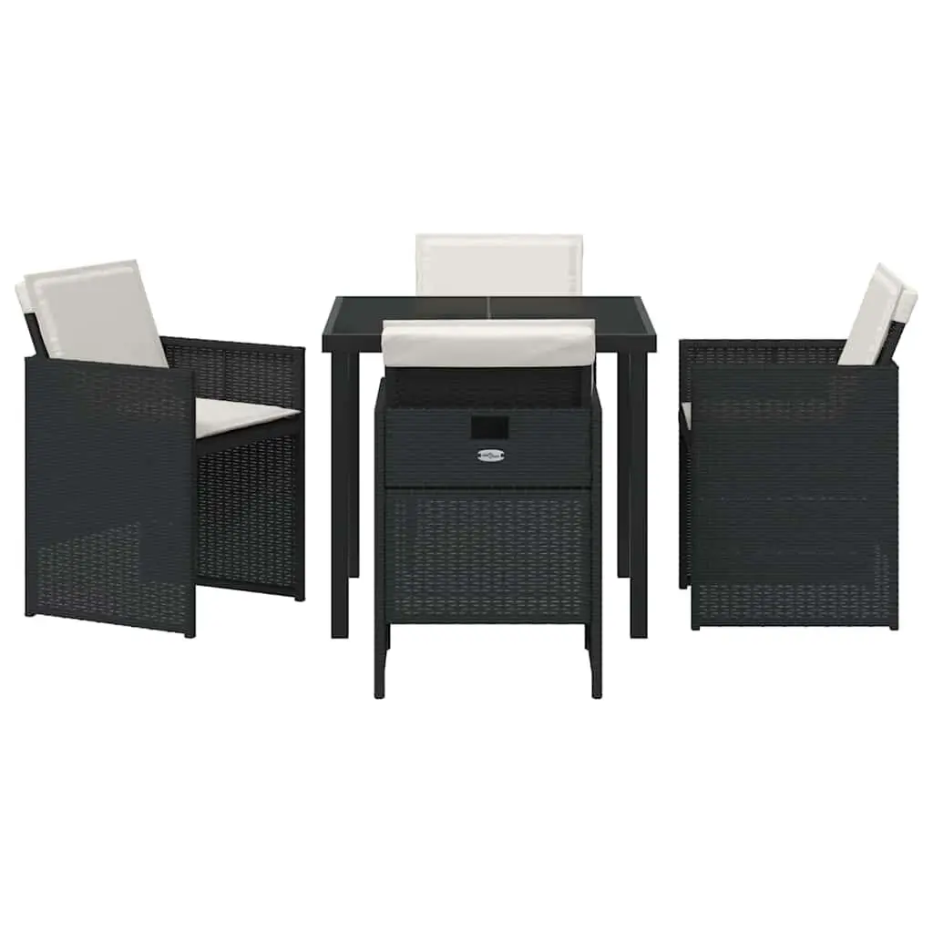 5 Piece Outdoor Dining Set Black Metal Frame Poly Rattan Seating Tempered Glass Top
