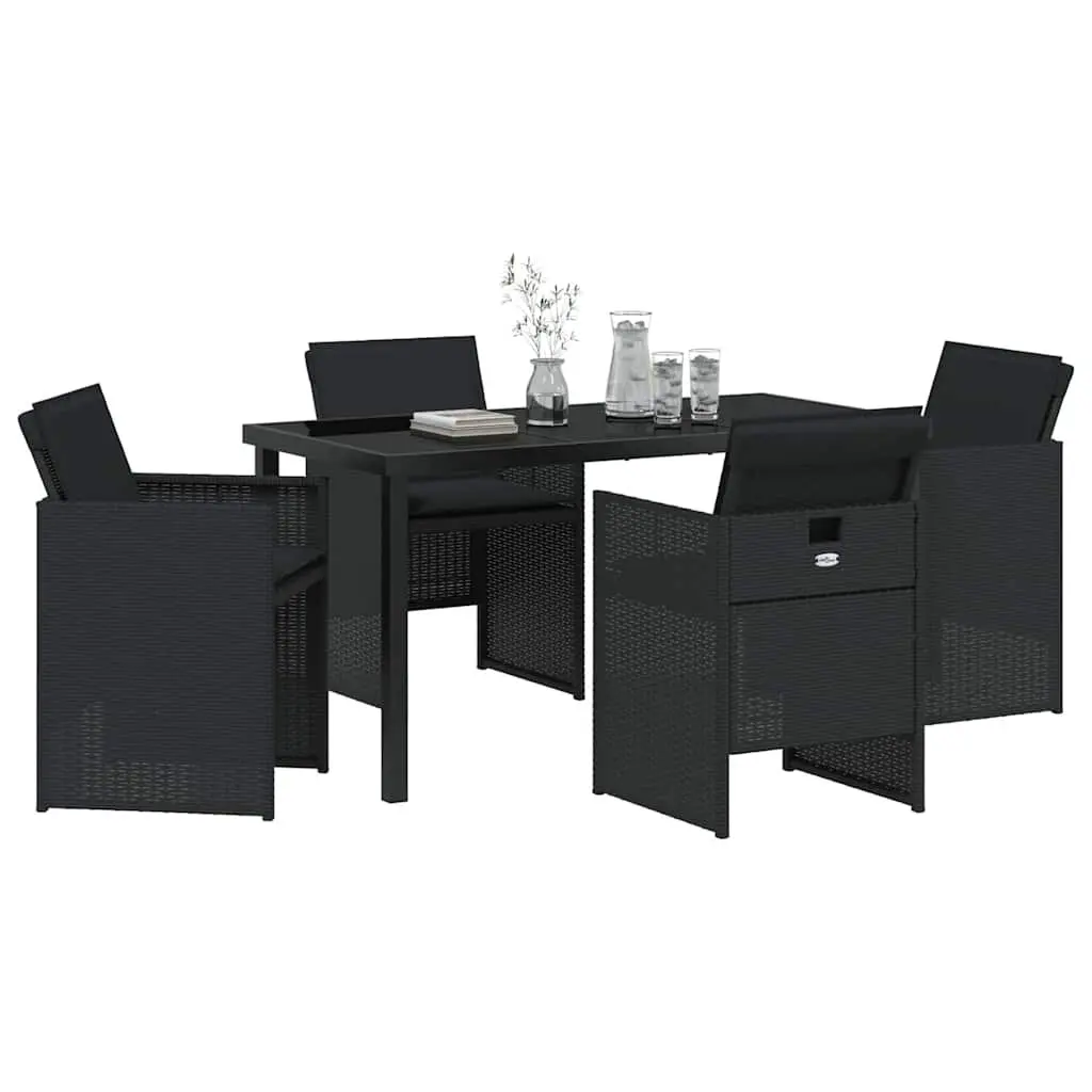 Outdoor Garden Dining Set 5 Pieces Black Poly Rattan Steel Frame Tempered Glass