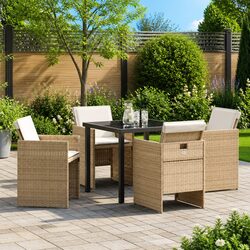 Garden Dining Set 5 Pieces Beige Outdoor Furniture with Glass Table and Rattan