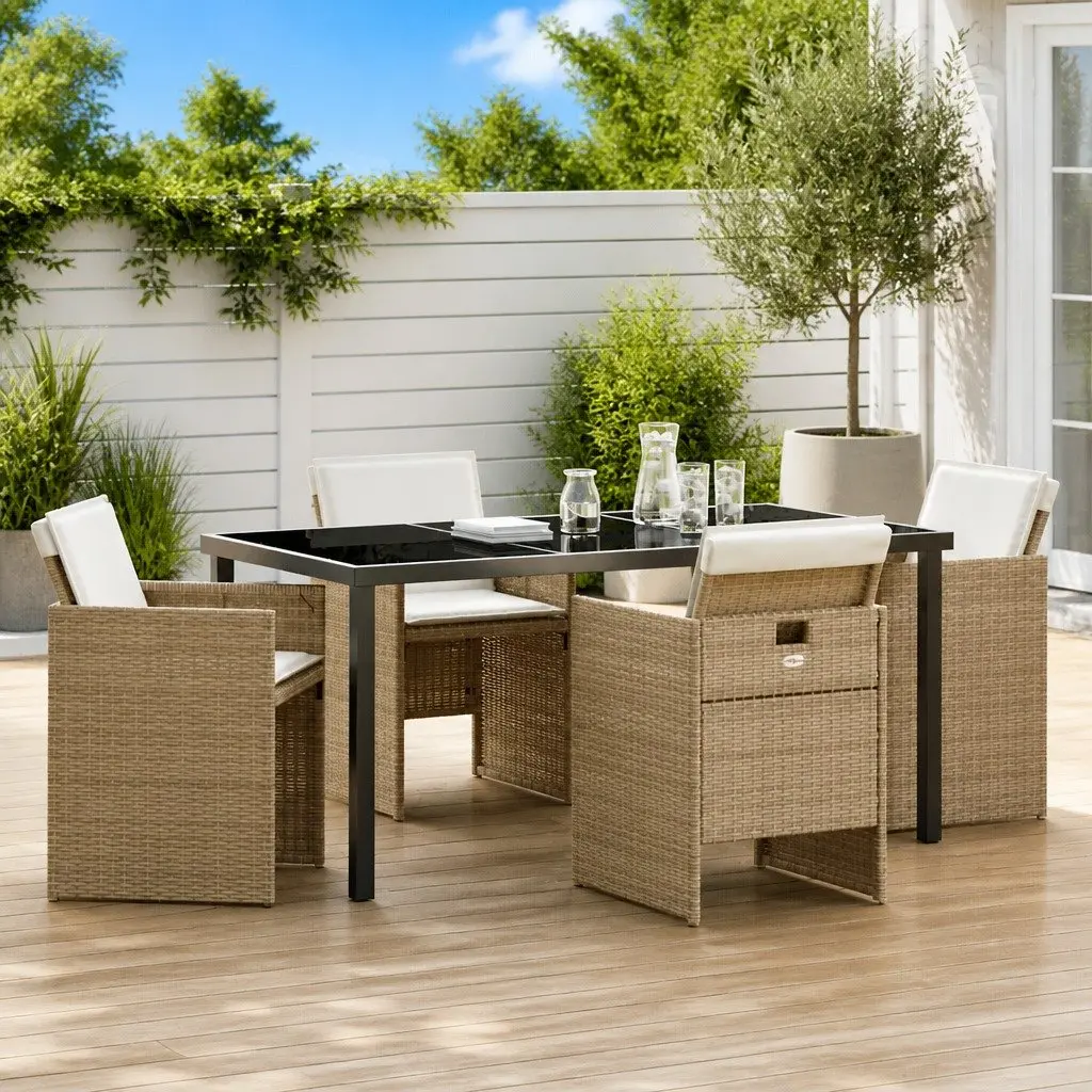 Outdoor Furniture Dining Set 5 Pieces Poly Rattan Beige Table and Chairs