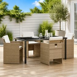 Garden Dining Set 5 Pieces Outdoor Furniture Beige Poly Rattan Table Chairs