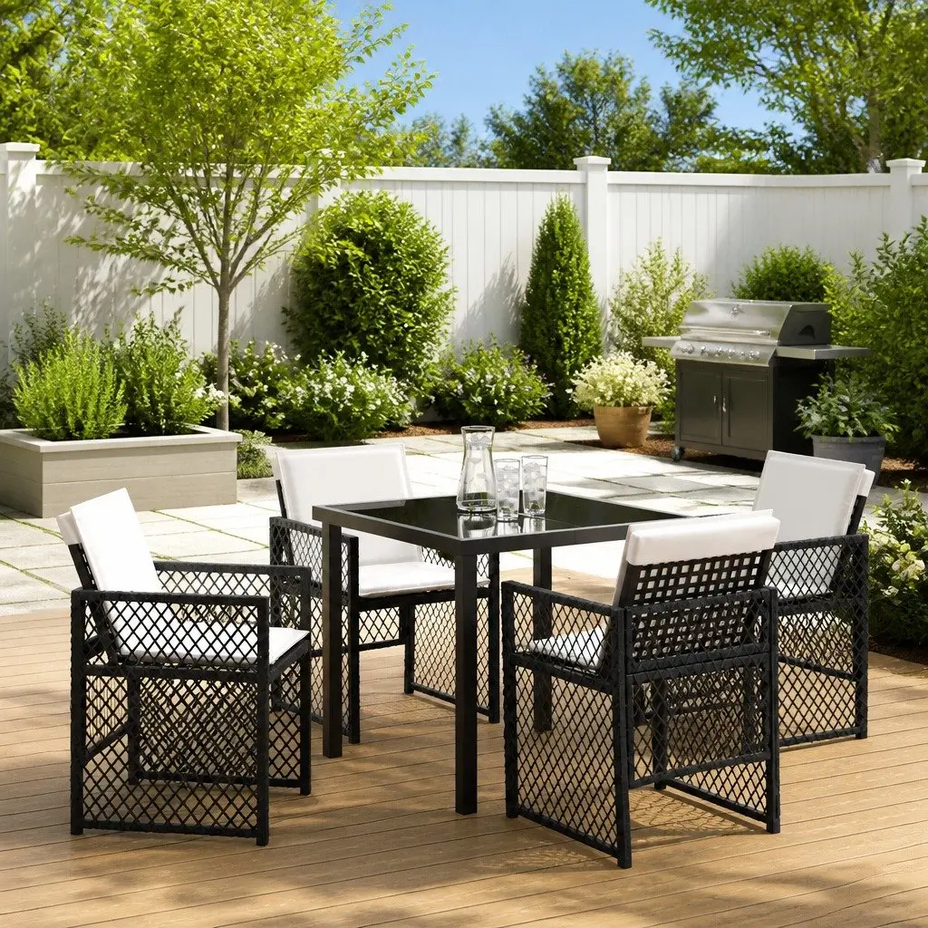 Outdoor Dining Set Modern 5-Piece Black Poly Rattan Furniture with Tempered Glass Tabletop and Steel Frame for Garden Patio Terrace