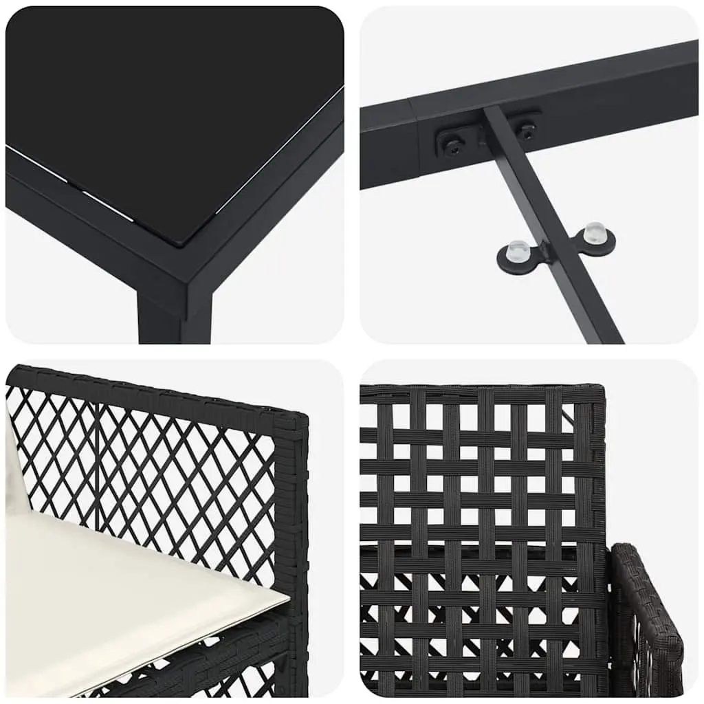 Outdoor Dining Set Modern 5-Piece Black Poly Rattan Furniture with Tempered Glass Tabletop and Steel Frame for Garden Patio Terrace