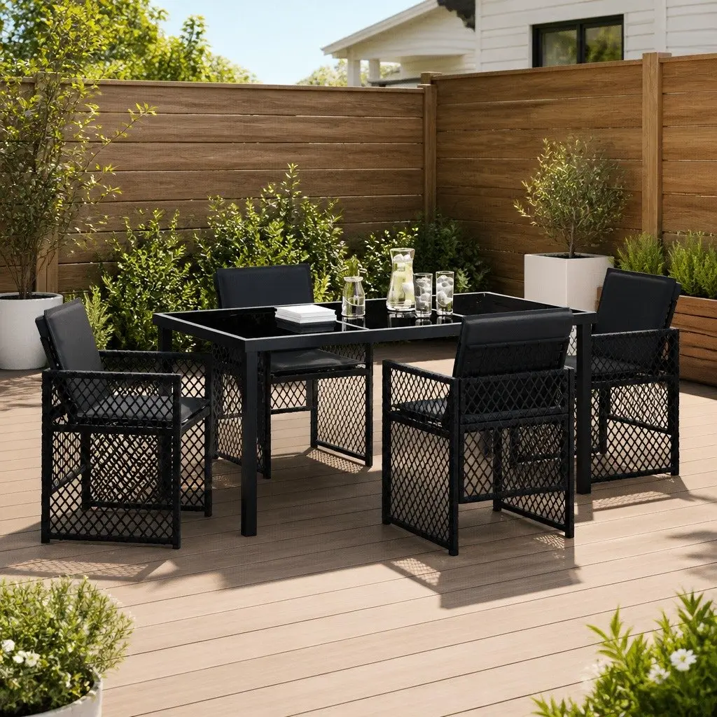Outdoor Dining Set Black Poly Rattan 5 Pieces Tempered Glass