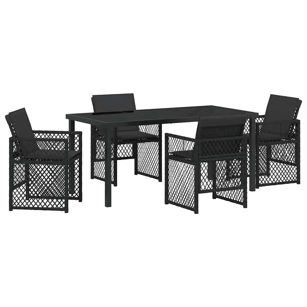 Outdoor Dining Set Black Poly Rattan 5 Pieces Tempered Glass