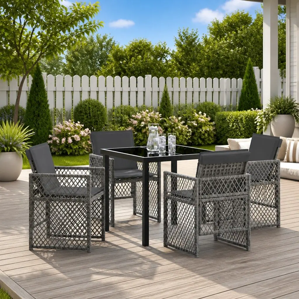 Garden Dining Set 5 Piece Grey Poly Rattan Outdoor Furniture Table Chairs