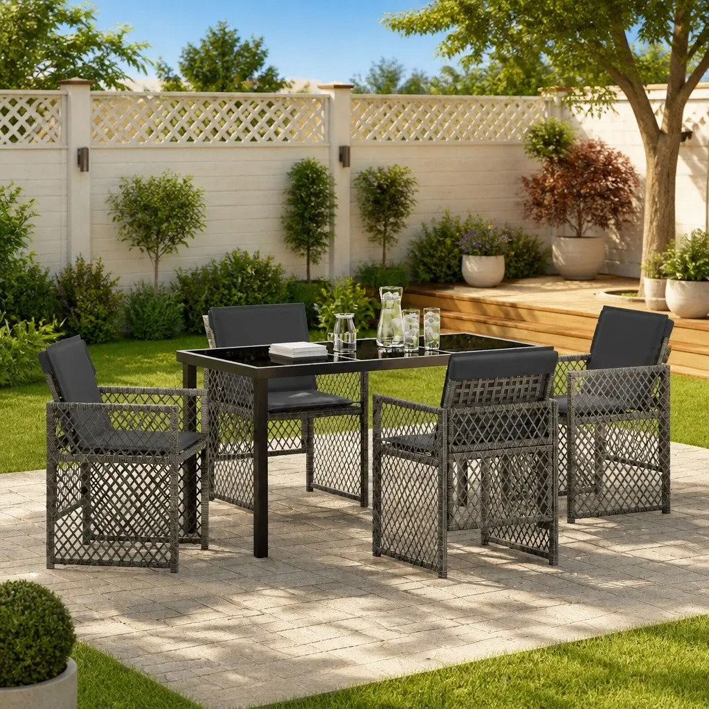Garden Dining Set Grey Poly Rattan 5 Pieces Outdoor Furniture Patio Table Chairs