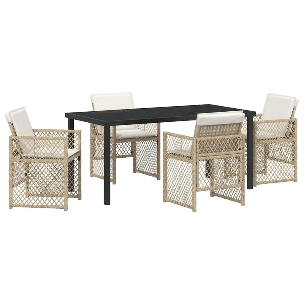 Garden Dining Set Modern Minimalist 5 Piece Outdoor Furniture Poly Rattan Beige Tempered Glass