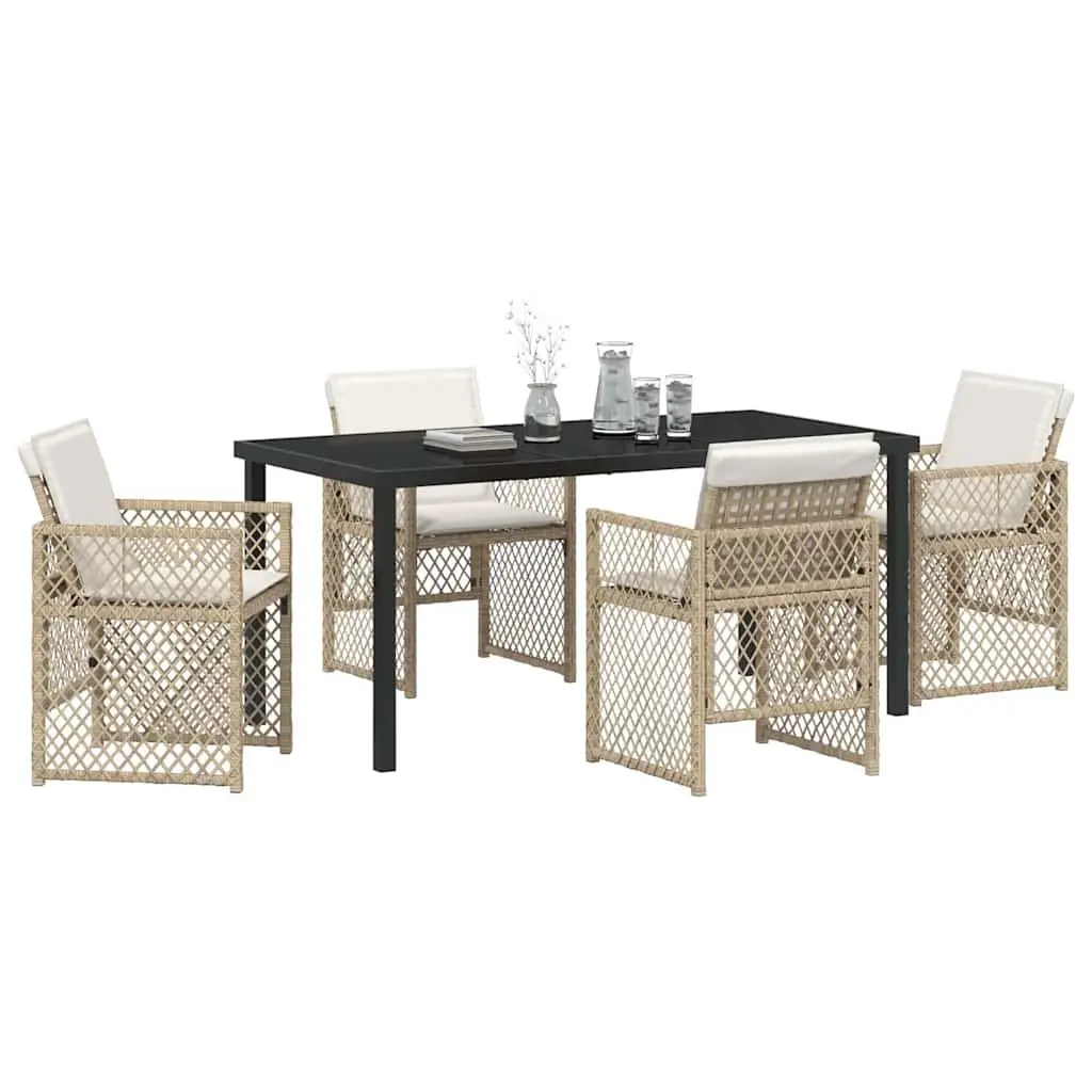Garden Dining Set Modern Minimalist 5 Piece Outdoor Furniture Poly Rattan Beige Tempered Glass