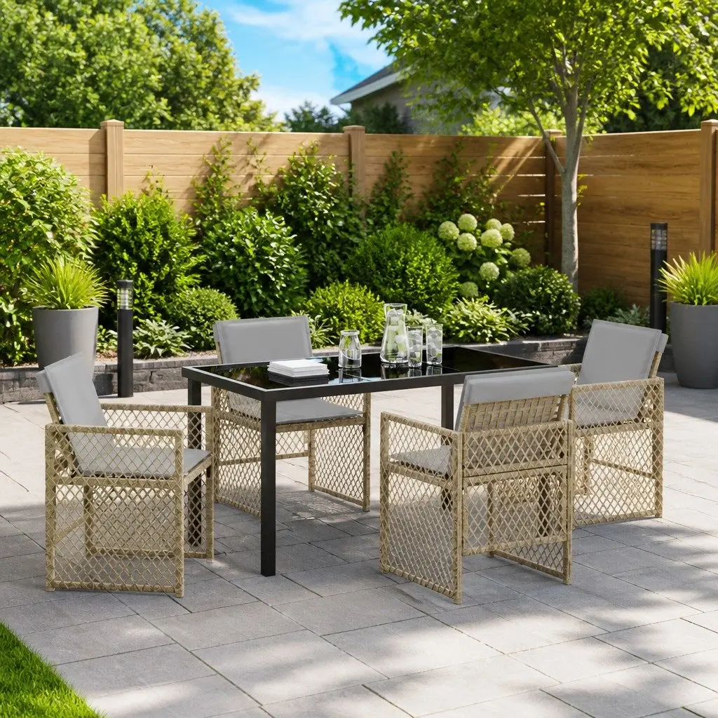 Garden Dining Set Modern Outdoor Furniture 5 Pieces Beige Poly Rattan Table Chairs