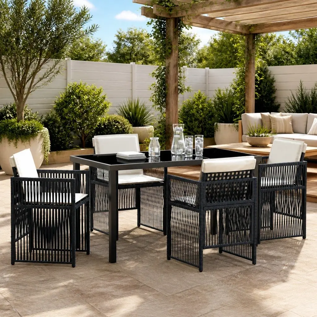 Garden Dining Set Black Powder-Coated Steel 5 Piece Outdoor Furniture