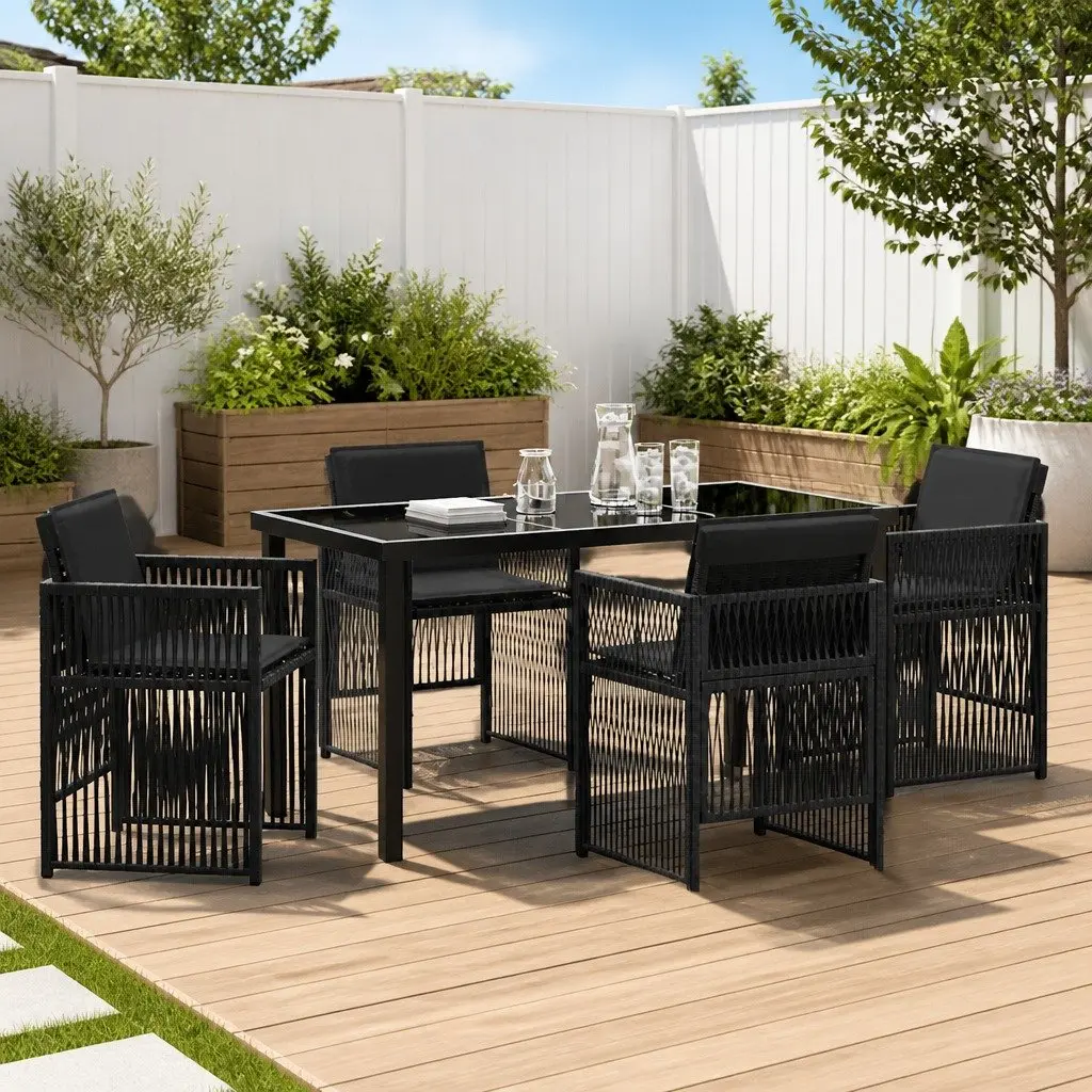 Garden Dining Set Modern 5 Piece Black Steel Outdoor Furniture Patio Table Chairs