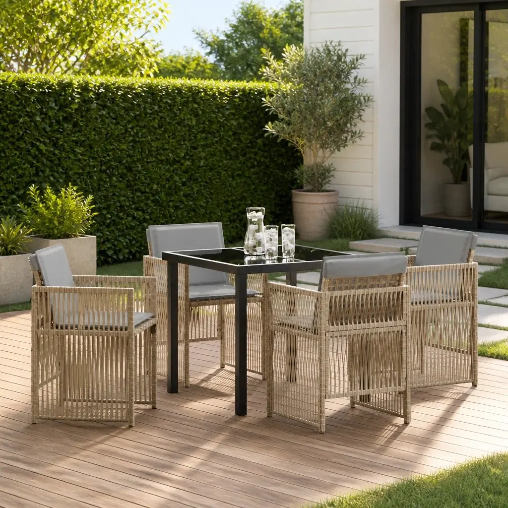 Garden Dining Set Modern Outdoor Furniture 5 Piece Beige Steel Frame