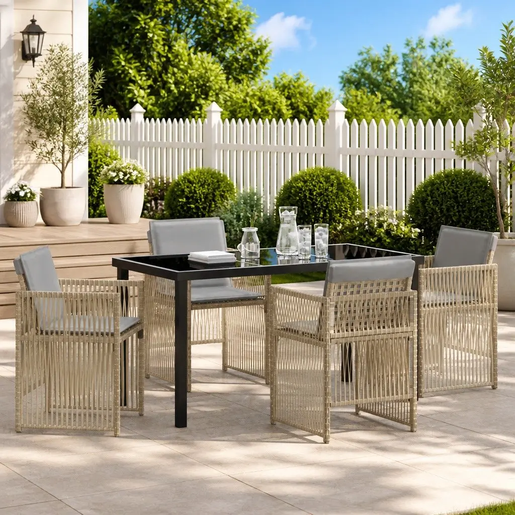 Garden Dining Set Modern Outdoor Furniture 5 Piece Beige Steel Frame Rattan Armrests