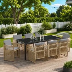 Garden Dining Set 9 Piece Beige Outdoor Furniture Steel Frame Patio Seating
