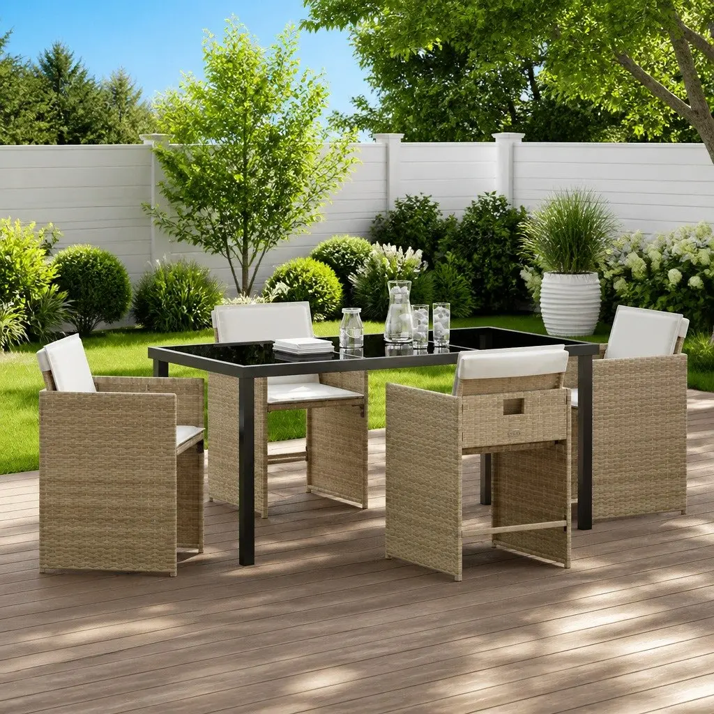 Beige Poly Rattan Outdoor Dining Set for 5