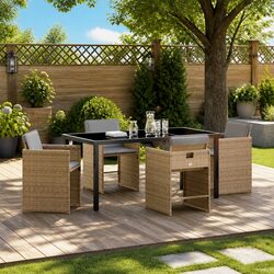 Garden Dining Set 5 Piece Outdoor Furniture Poly Rattan Beige Table Chairs