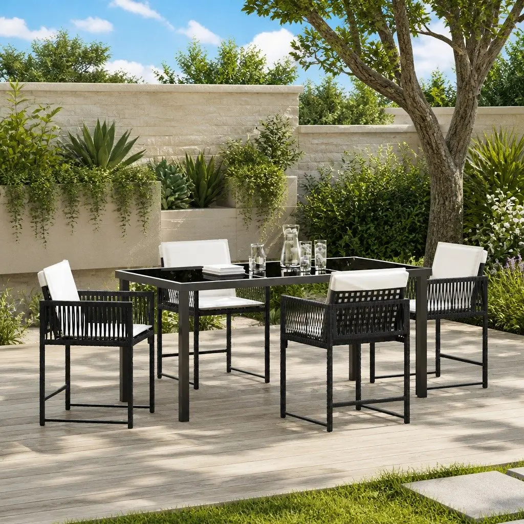 Garden Dining Set Modern 5 Piece Outdoor Furniture Black Poly Rattan Table Chairs