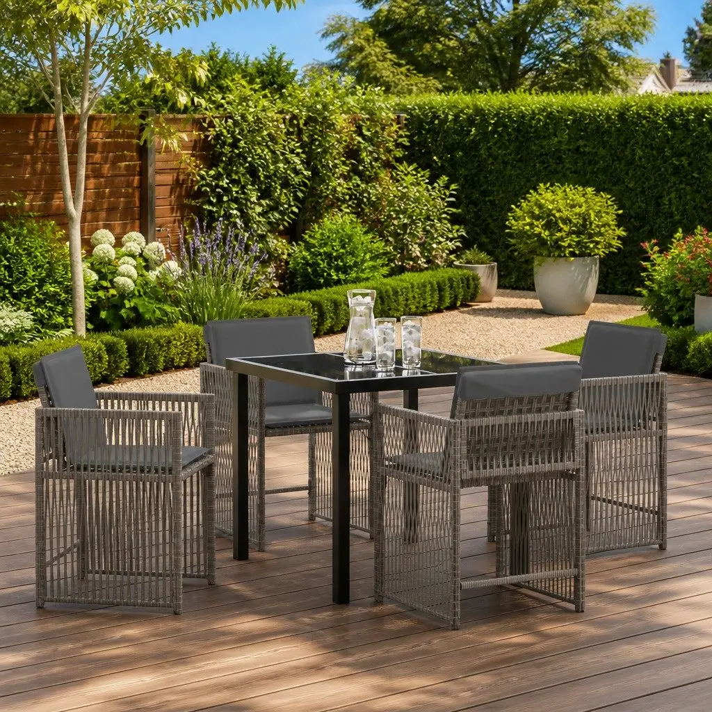 Garden Dining Set Grey Poly Rattan 5 Piece Outdoor Furniture Patio Table Chairs
