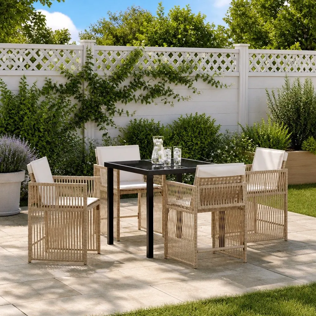 Garden Dining Set 5 Pieces Beige Poly Rattan Outdoor Furniture with Glass Table Surface and Cushioned Chairs