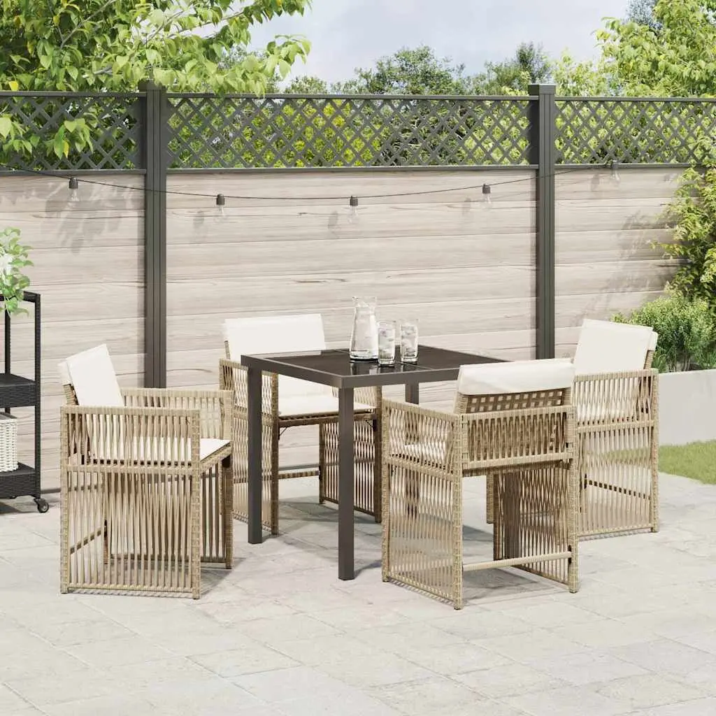 Garden Dining Set 5 Pieces Beige Poly Rattan Outdoor Furniture with Glass Table Surface and Cushioned Chairs