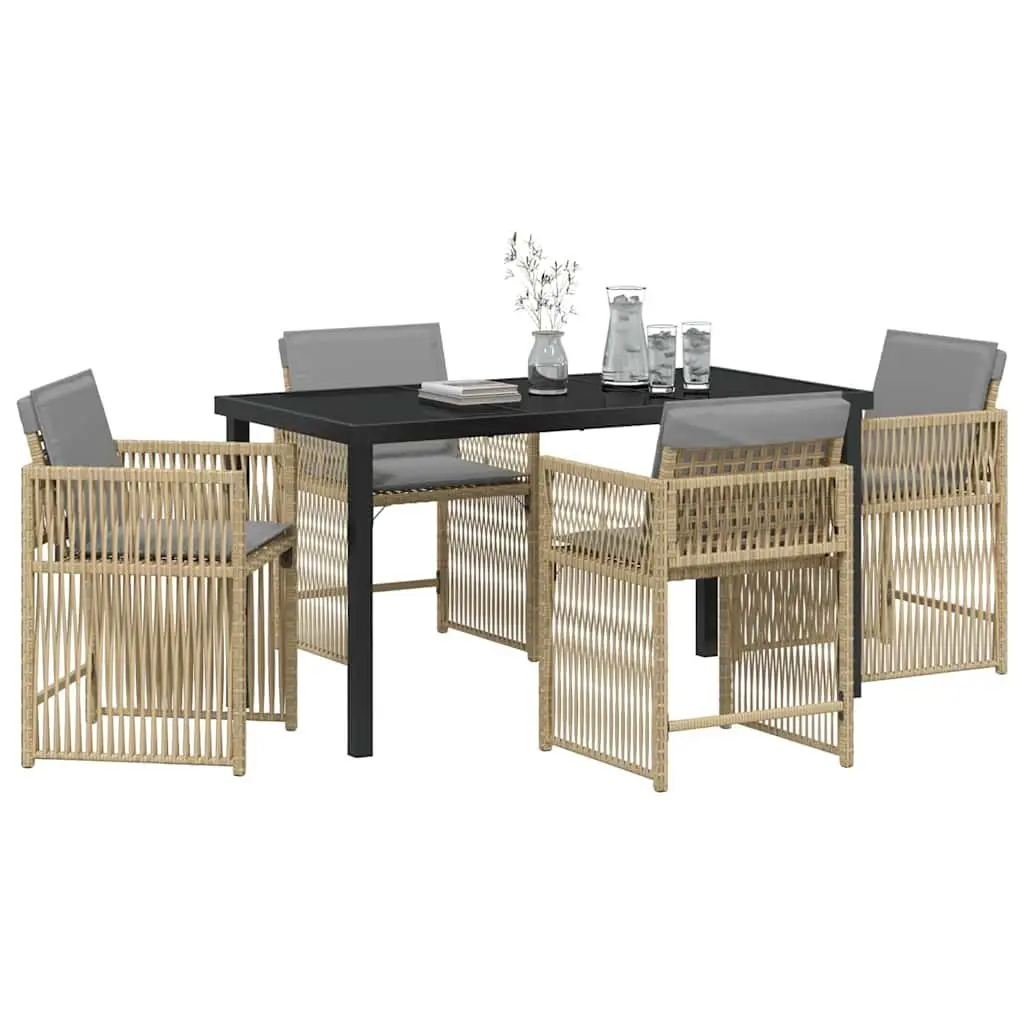 Outdoor Furniture Set 5 Piece Beige Poly Rattan Dining Table with Cushioned Chairs