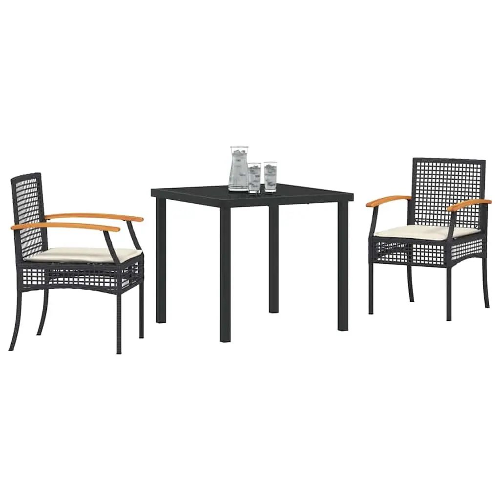 Garden Dining Set 3 Pieces Outdoor Furniture Black Rattan Chairs Glass Table