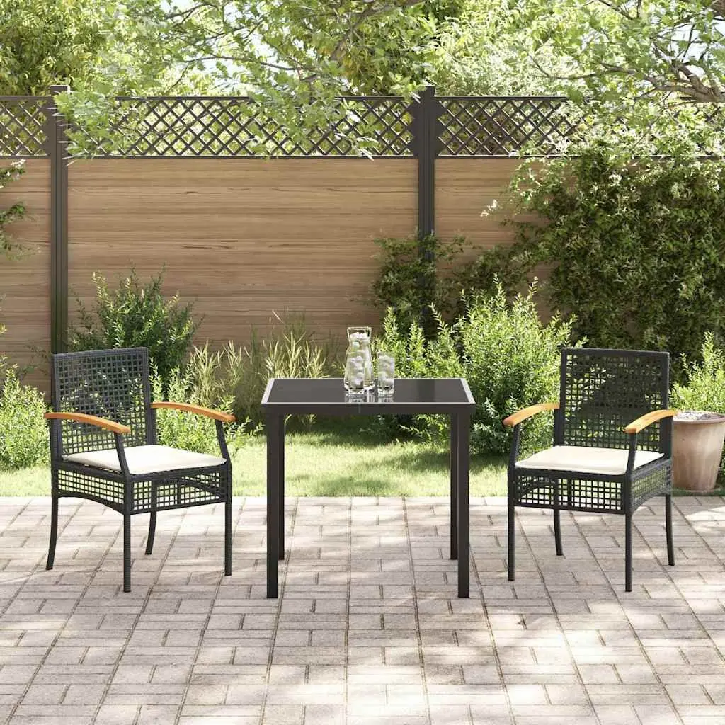 Garden Dining Set 3 Pieces Outdoor Furniture Black Rattan Chairs Glass Table