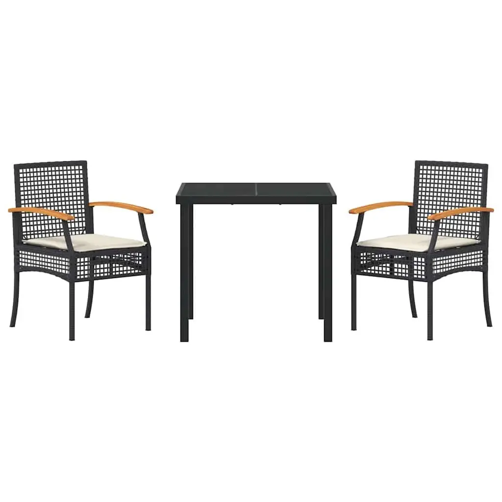 Garden Dining Set 3 Pieces Outdoor Furniture Black Rattan Chairs Glass Table