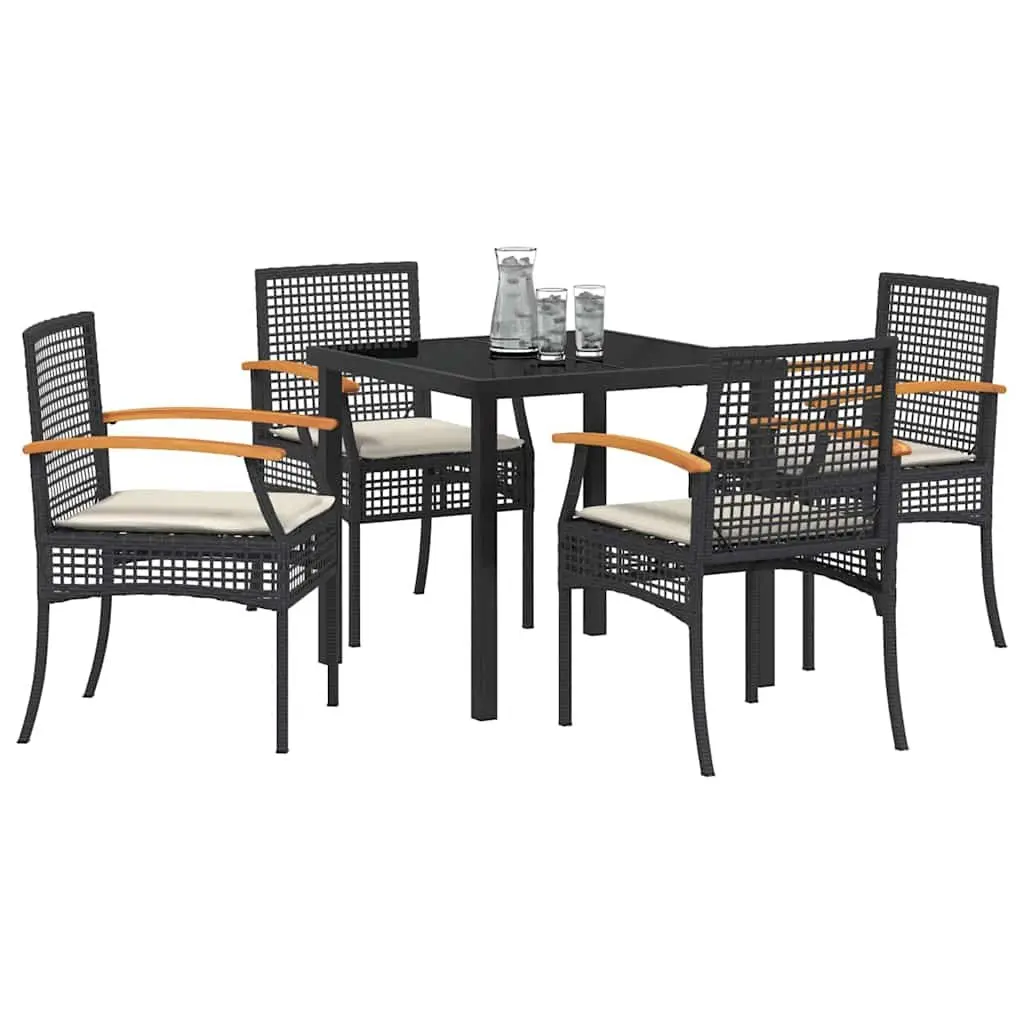 Outdoor Rattan Dining Set 5 Piece Black Glass Top Table Acacia Wood Chair