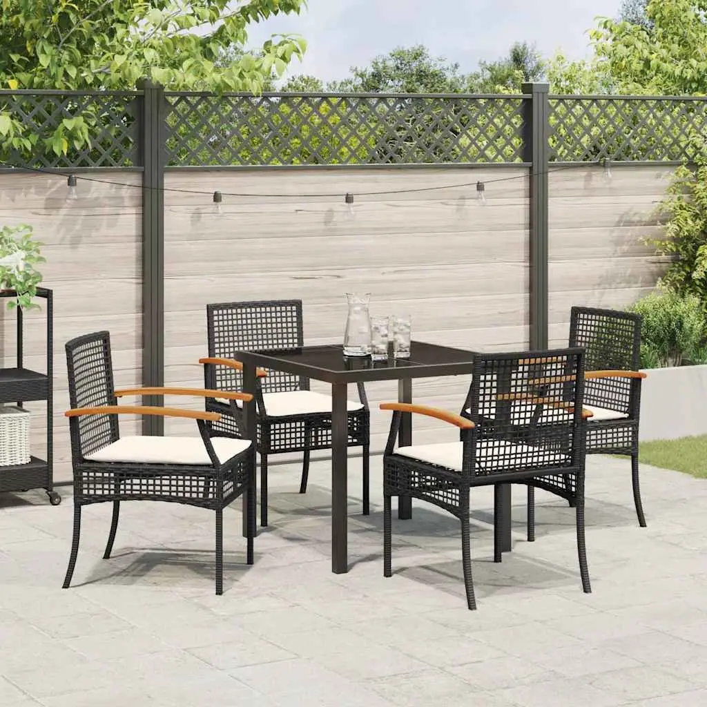 Outdoor Rattan Dining Set 5 Piece Black Glass Top Table Acacia Wood Chair