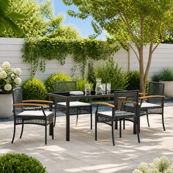 Garden Dining Set 5 Piece Outdoor Furniture Black Rattan Chairs Glass Table
